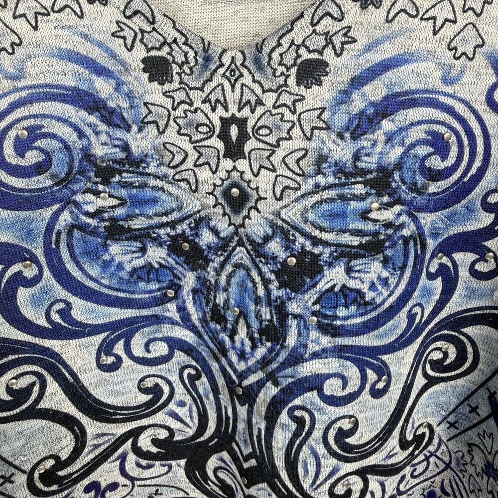 Dressbarn Womens Tunic Blouse 3X Plus Gray Blue Floral Studded V Neck Boho Artsy - Picture 4 of 11